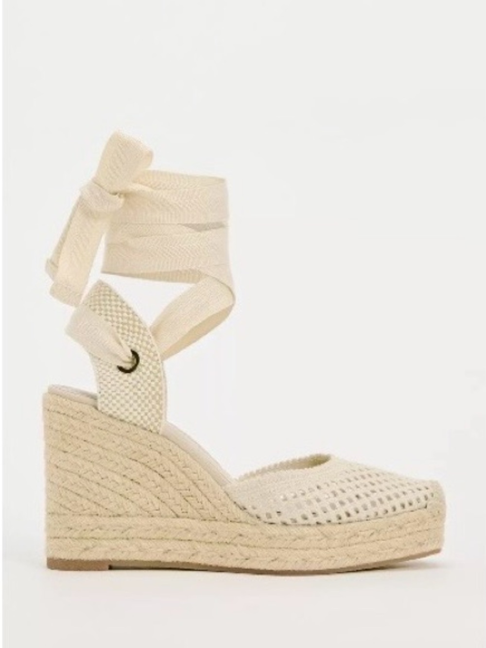 Zara Off White Crochet Espadrille Wedge Sandals Lace Up Size 7.5